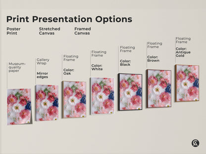 Explore print presentation options with this modern botanical art featuring pink and white flowers. Choose from poster print stretched canvas or framed canvas. Find the perfect minimalist floral decor to complement your contemporary bedroom. Museum quality paper and various floating frame colors available.
