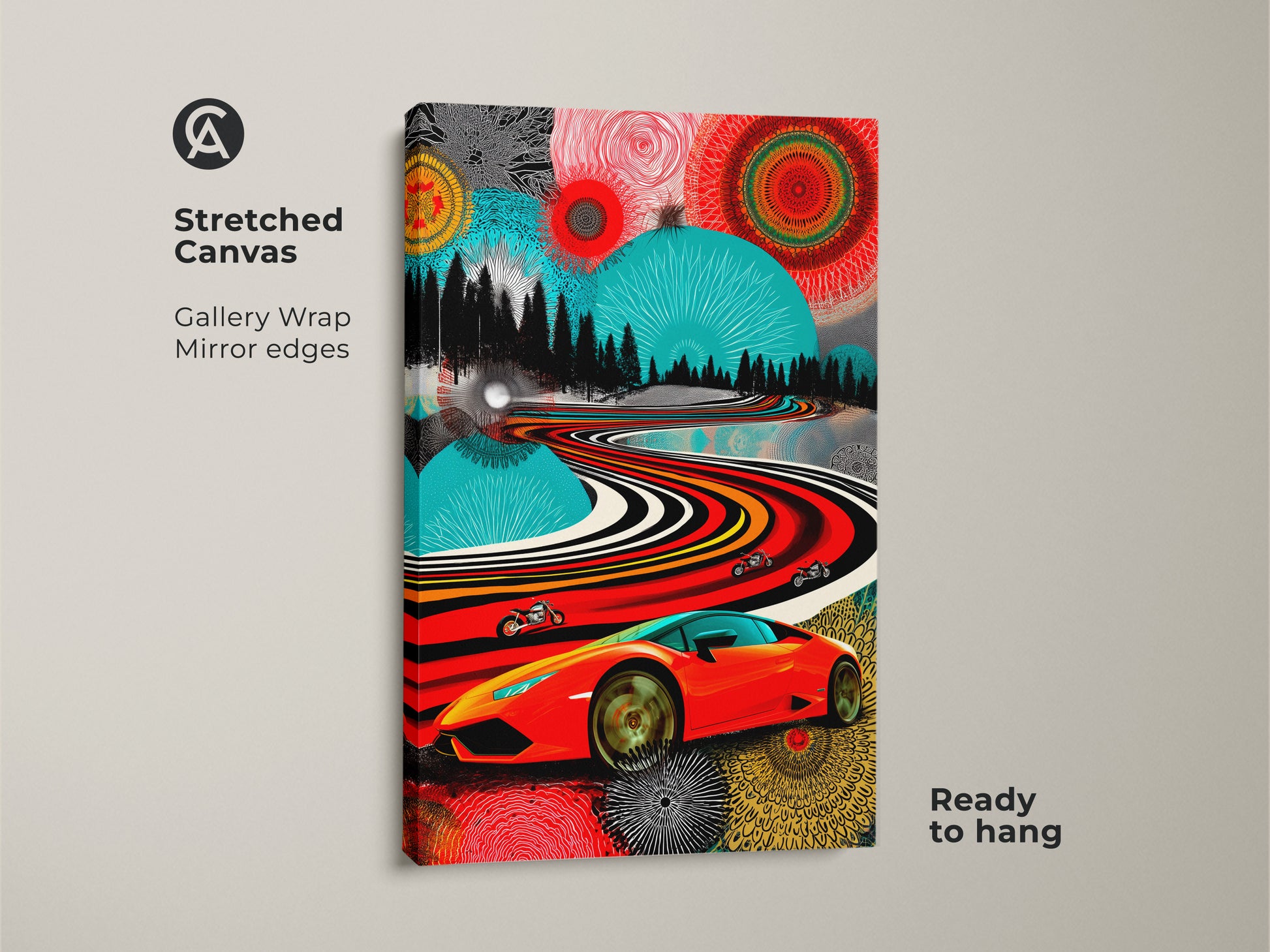 Stretched canvas Pop Art landscape. The gallery wrap and mirror edges enhance the abstract sports car artwork. Featuring a red sports car and motorcycles. It is a unique gift for him and ready to hang. Vibrant abstract art adds color and style.