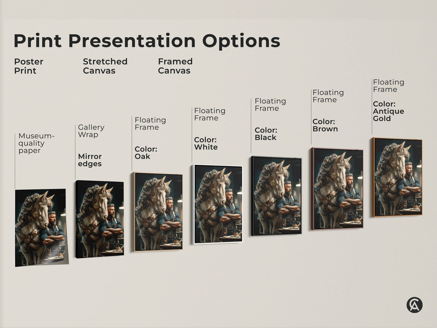 Print options for steampunk horse and man artwork. Choose from poster print stretched canvas or framed canvas. Each offers museum-quality edges or floating frames. Colors include black brown antique gold and white. This equine fantasy art complements eclectic interiors.
