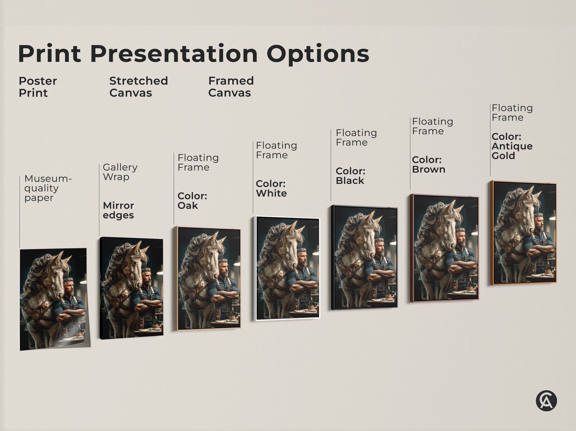 Print options for steampunk horse and man artwork. Choose from poster print stretched canvas or framed canvas. Each offers museum-quality edges or floating frames. Colors include black brown antique gold and white. This equine fantasy art complements eclectic interiors.