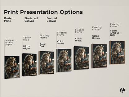 Print options for steampunk horse and man artwork. Choose from poster print stretched canvas or framed canvas. Each offers museum-quality edges or floating frames. Colors include black brown antique gold and white. This equine fantasy art complements eclectic interiors.