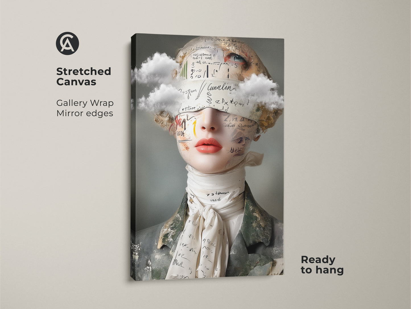 Stretched canvas print of a surreal woman portrait. A captivating collage artwork with clouds & text accents. This eclectic art adds a touch of modern artistic style. Ready to hang. Peach gray art for an art lover's home.