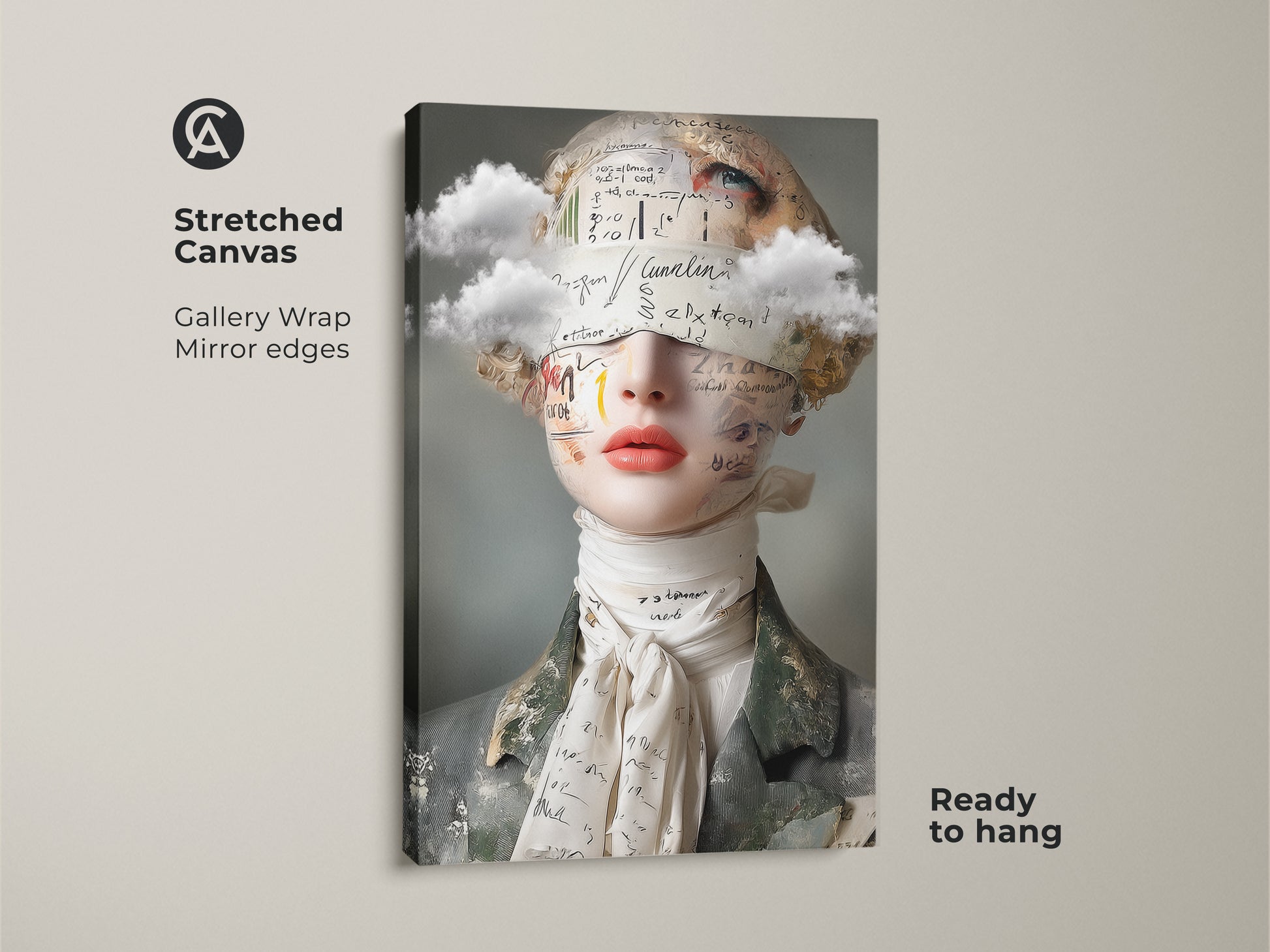 Stretched canvas print of a surreal woman portrait. A captivating collage artwork with clouds & text accents. This eclectic art adds a touch of modern artistic style. Ready to hang. Peach gray art for an art lover's home.