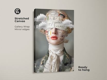 Stretched canvas print of a surreal woman portrait. A captivating collage artwork with clouds & text accents. This eclectic art adds a touch of modern artistic style. Ready to hang. Peach gray art for an art lover's home.