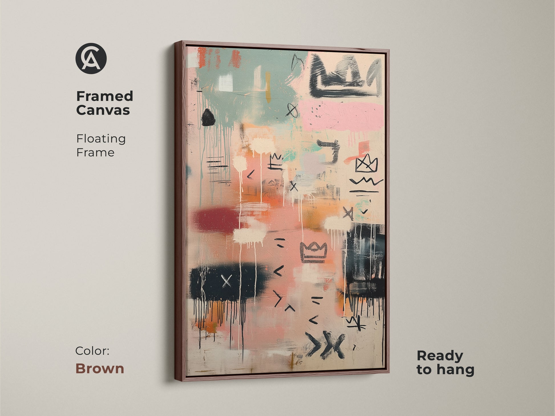 Framed canvas print with a brown floating frame. The abstract art features pastel colors and unique line work. Ready to hang this modern piece enhances any space. Find framed artwork for your home today.