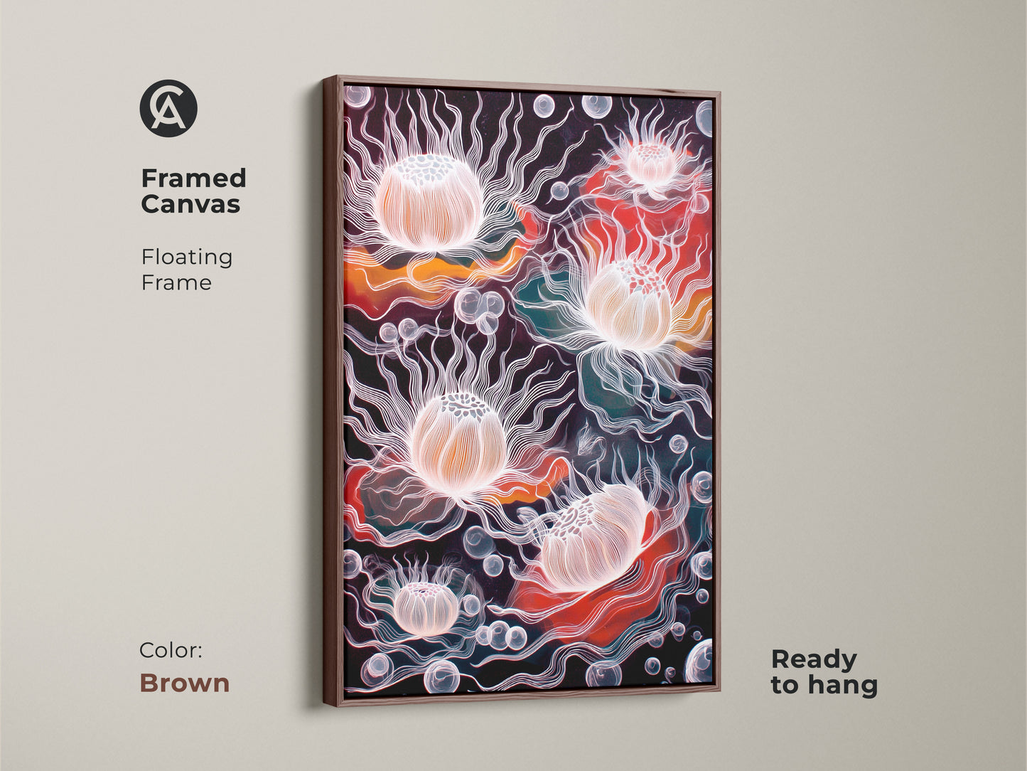 Framed canvas of abstract jellyfish artwork with a brown floating frame. The surreal underwater art print boasts coral orange and teal tones. Ready to hang it's perfect eclectic home decor. A unique abstract artwork choice for an ocean lover. The deep teal accents enhance any space. It's a marine life wall decor statement piece.