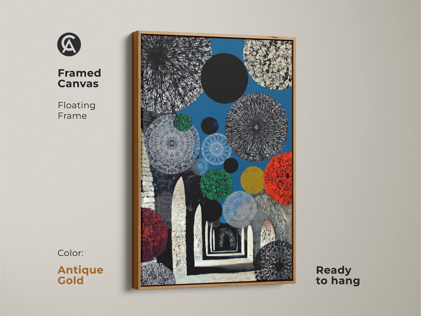 This abstract geometric wall art is framed and ready to hang. It's a contemporary archway art with blue red circles on canvas. The surrealism artwork canvas brings eclectic home decor to any space. The antique gold floating frame enhances the artwork. Its perfect as office wall art.