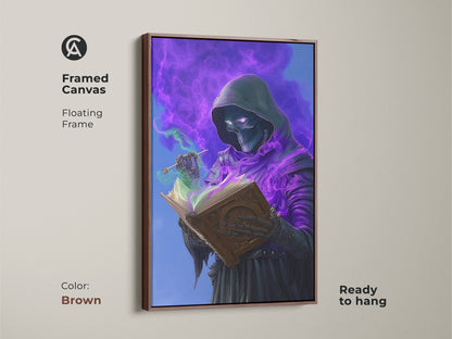 Framed canvas art of a skeleton wizard reading a spellbook. This dark fantasy art features a gothic wizard surrounded by purple magic. A brown floating frame enhances this piece. Perfect for an occult study room.