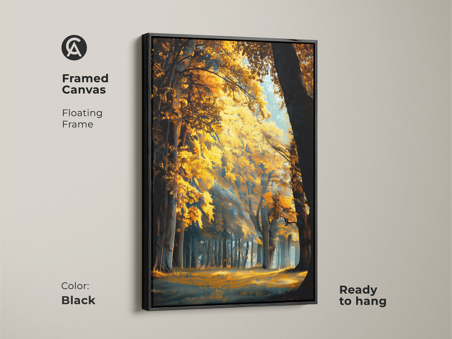 Framed canvas art of a forest in fall colors. Black floating frame complements the artwork. Ready to hang and enjoy. A stunning piece of nature-inspired decor.