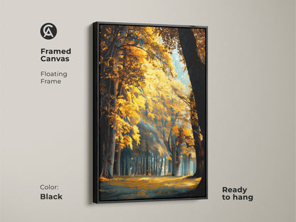Framed canvas art of a forest in fall colors. Black floating frame complements the artwork. Ready to hang and enjoy. A stunning piece of nature-inspired decor.