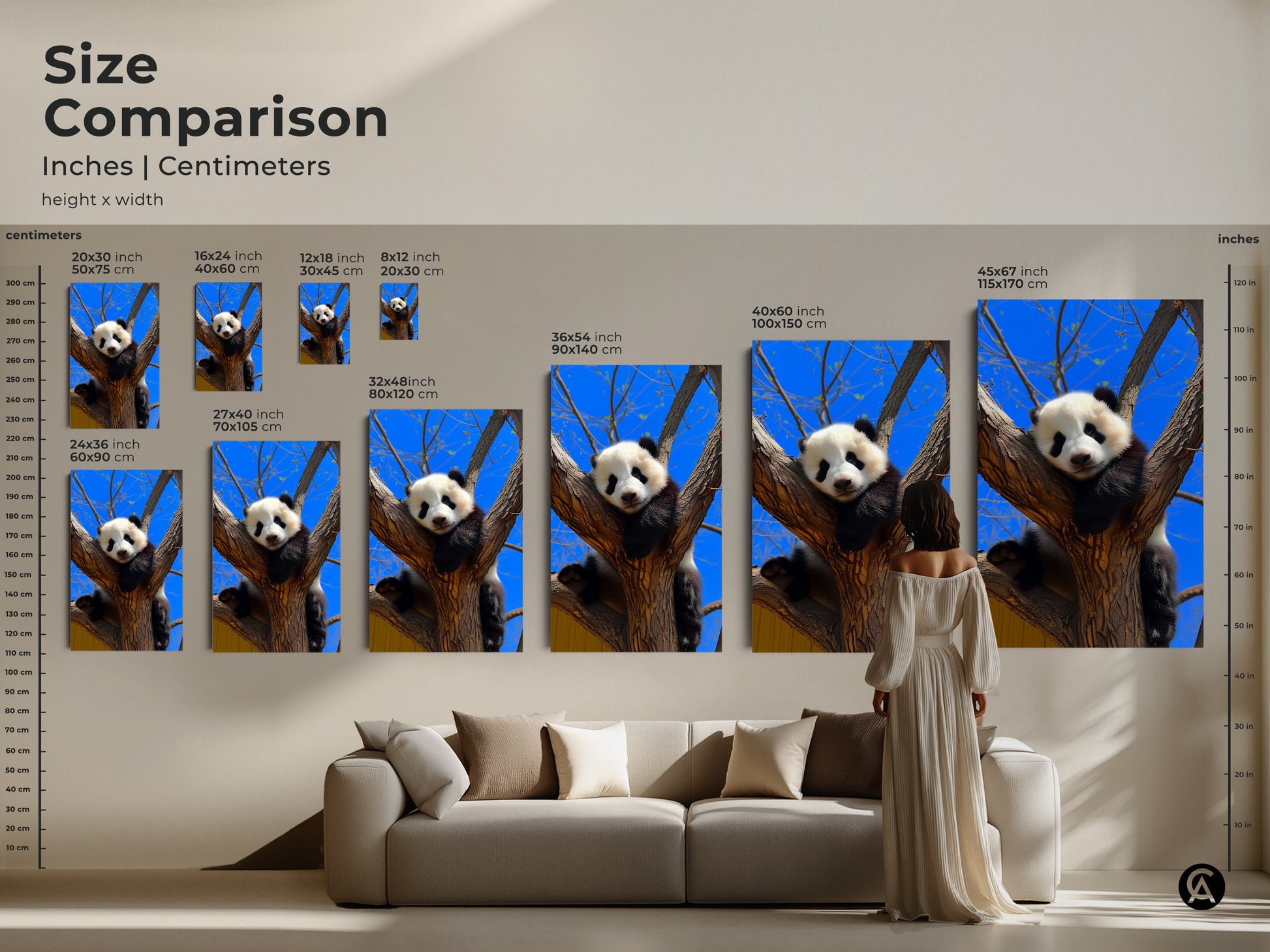 Size comparison of panda wall art. Visualize inches and centimeters with this height and width guide. Choose from various sizes of this panda in a tree artwork. Perfect for any animal lover's home.