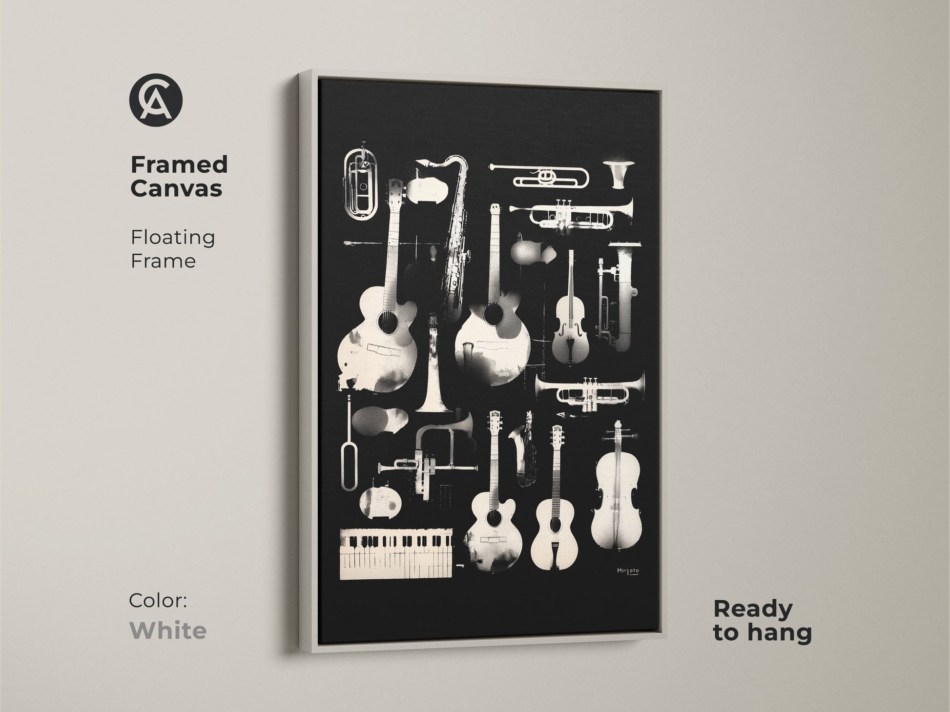 White framed canvas art displaying a collection of musical instruments. Guitars saxophones and trumpets are among the instruments depicted. This ready-to-hang canvas adds a clean and modern touch to your living space. The floating frame complements the artwork