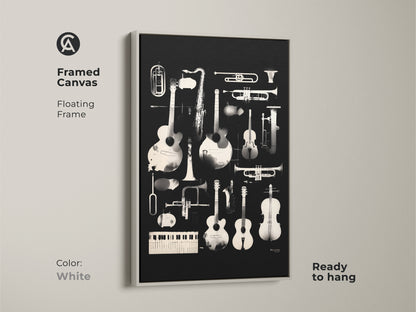 White framed canvas art displaying a collection of musical instruments. Guitars saxophones and trumpets are among the instruments depicted. This ready-to-hang canvas adds a clean and modern touch to your living space. The floating frame complements the artwork