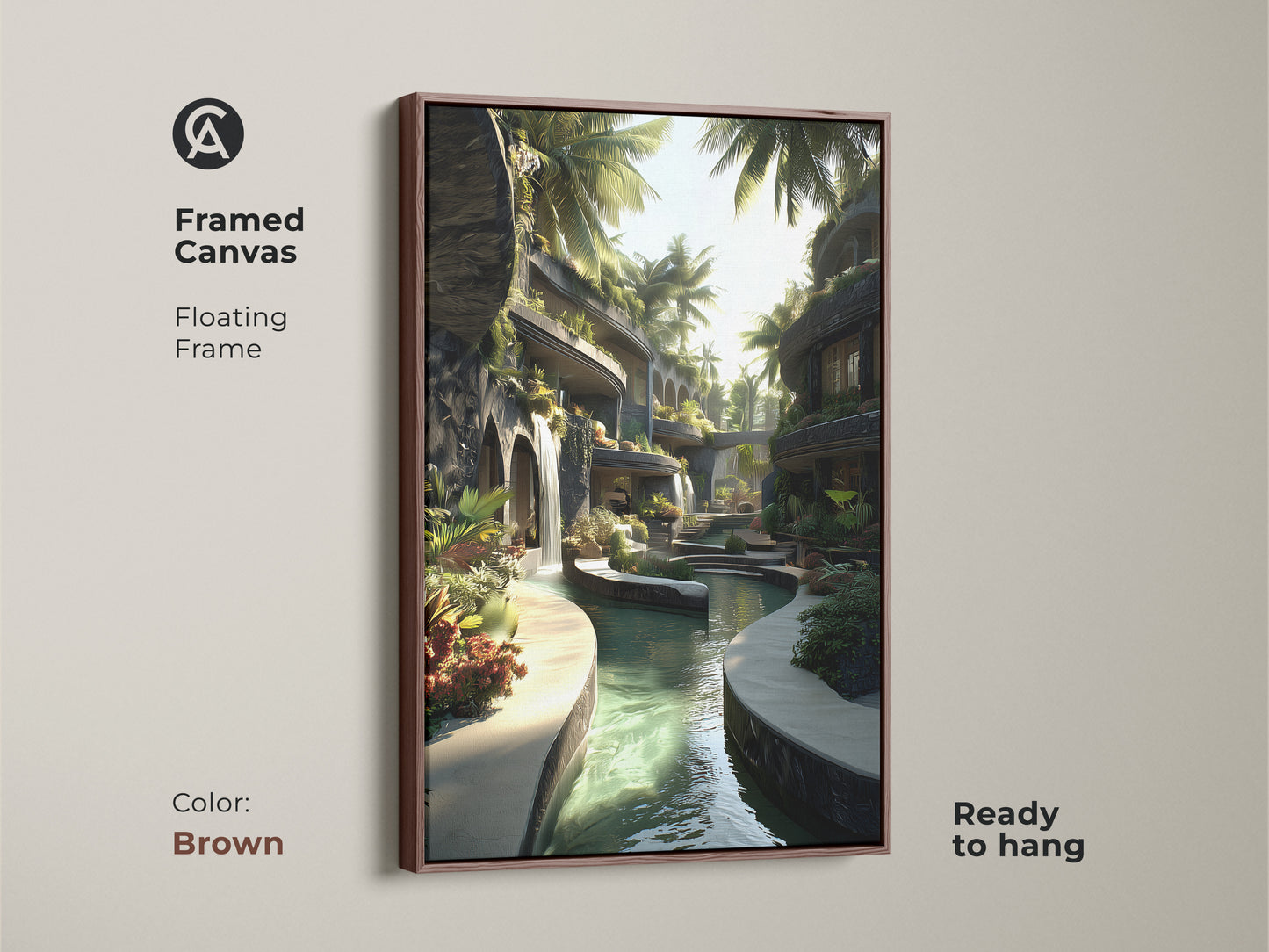 Framed canvas print featuring tropical architecture. A brown floating frame complements the biophilic art. This artwork includes a waterfall and palm trees. Ready to hang this canvas adds a resort-like feel. The green and blue tones enhance eclectic decor. Perfect housewarming gift.