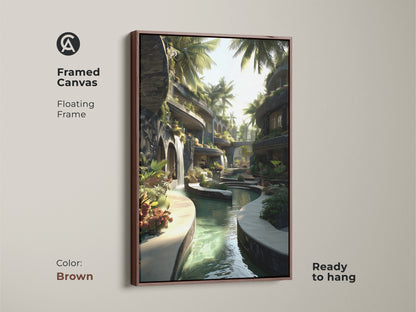 Framed canvas print featuring tropical architecture. A brown floating frame complements the biophilic art. This artwork includes a waterfall and palm trees. Ready to hang this canvas adds a resort-like feel. The green and blue tones enhance eclectic decor. Perfect housewarming gift.