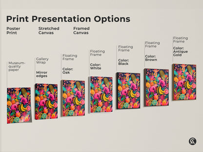 Explore options for presenting your pink monkey jungle artwork. Choose from poster prints stretched canvas or framed canvas in various frame colors. Find the perfect style to showcase this vibrant botanical jungle artwork. Transform your space with colorful art. Shop now