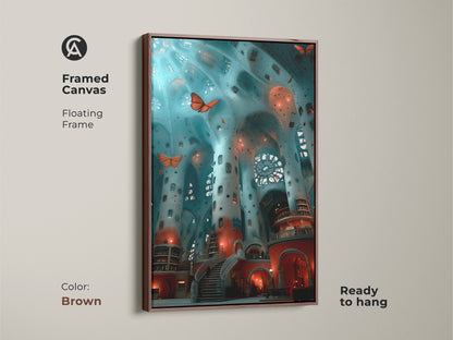 Add a touch of glamor with framed fantasy interior artwork. This surreal architecture canvas boasts an antique gold floating frame. The teal blue and red butterfly art print creates an eclectic home office art. It's a ready to hang statement piece and an ideal unique housewarming gift.