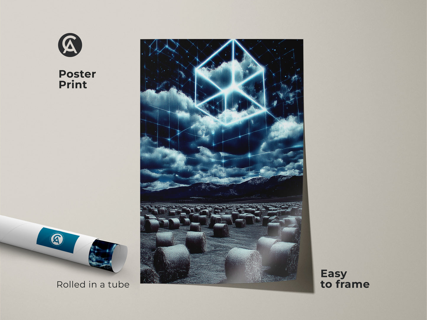 Poster Print of a Surreal Tech Landscape. The Electric Blue Cube art is rolled in a tube and is easy to frame. The futuristic artwork is perfect for a bedroom or modern office. This tech inspired print makes a great housewarming gift.