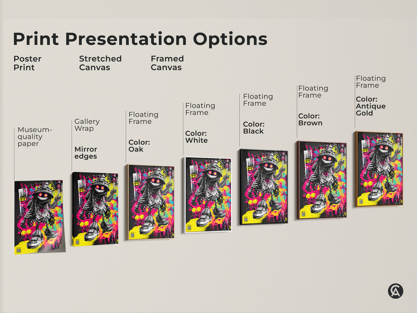 Explore print presentation options for graffiti artwork. Options include poster print stretched canvas and framed canvas. Each format showcases a cool character. Find the perfect style to match your taste. Transform your space with this urban wall art.