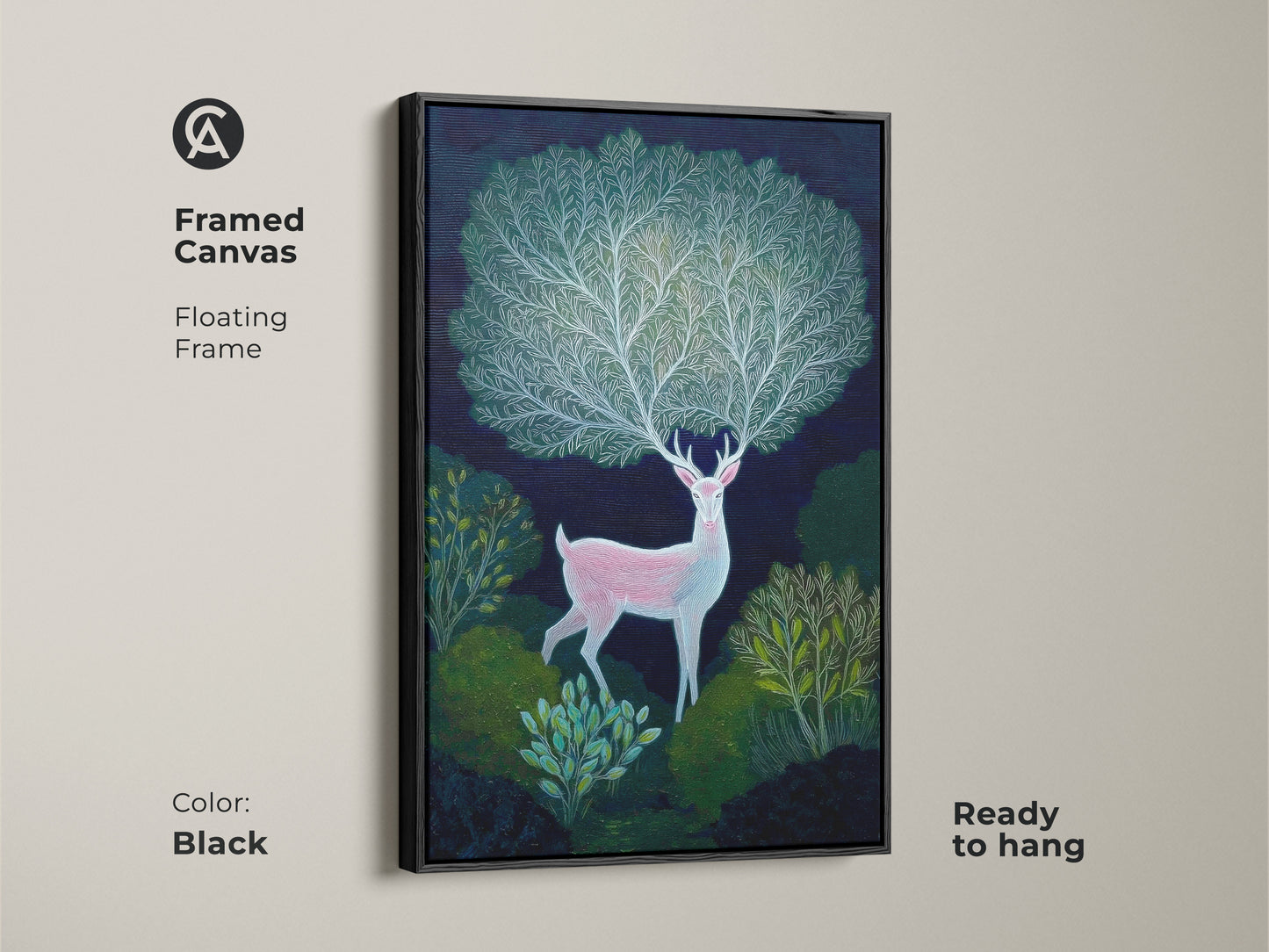 Framed canvas with a floating frame in black. This indigo botanical art print features a pink deer in a lush forest. The artwork adds a touch of mythical wonder to any space. Ready to hang for easy installation.
