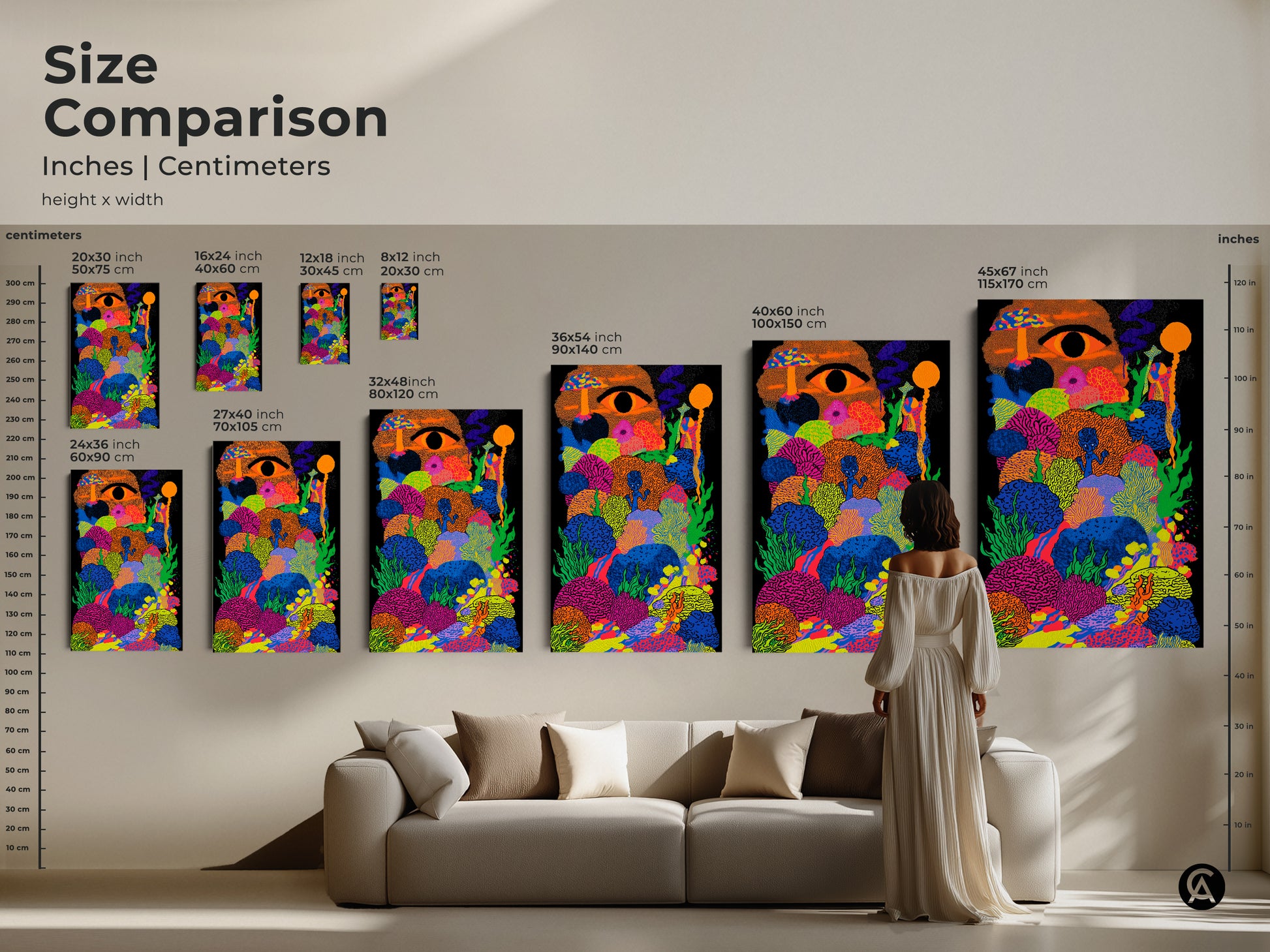 Size comparison of psychedelic mushroom art prints in a living room setting. Various sizes are displayed above a couch. This surreal eye wall art is perfect eclectic bedroom decor.