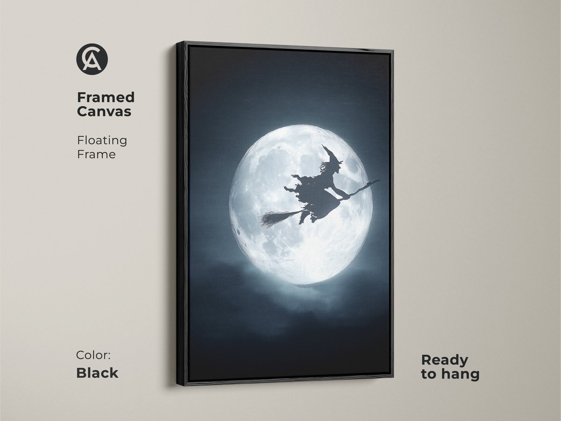 Framed canvas in black showcasing gothic witch wall art. A Halloween witchcraft decor featuring a witch flying across a full moon. Eclectic fantasy art in dark blue and silver tones. Ready to hang for gothic bedroom art.