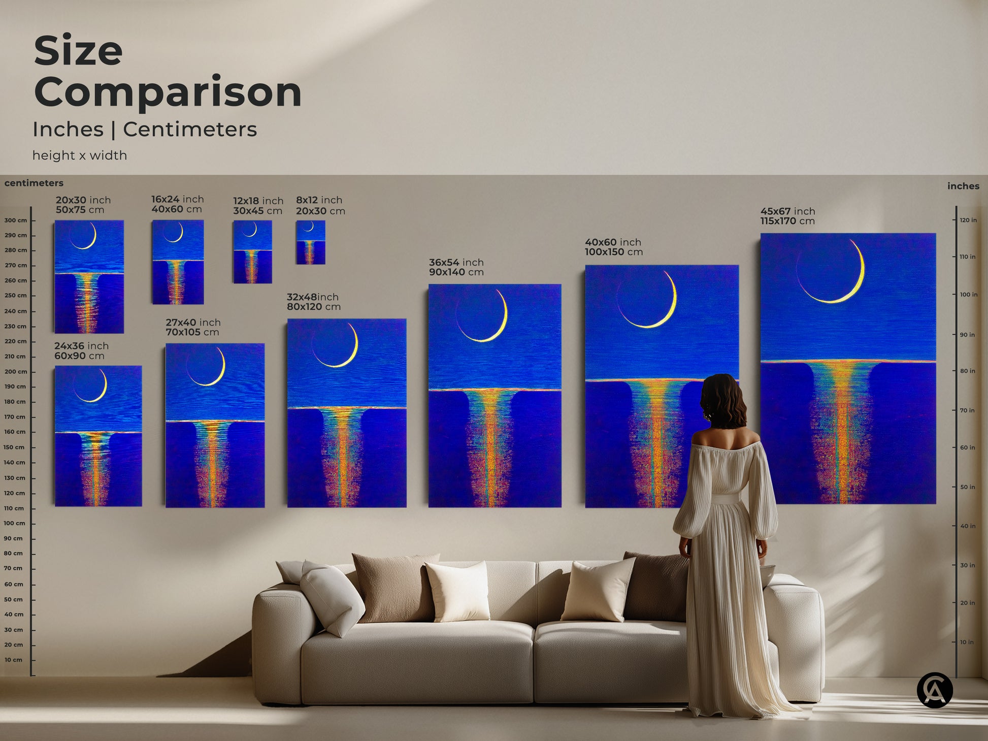A woman views a large canvas print of abstract moon art. The celestial wall art and deep blue ochre canvas create a boho bedroom decor. This unique home wall art serves as an artistic home decor gift.