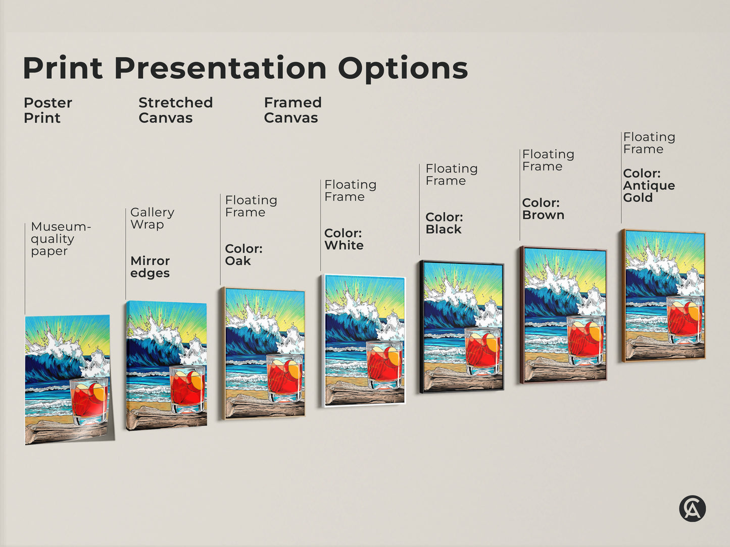 Print Presentation Options with poster art. Options include stretched canvas and framed canvas. Gallery wrap mirror edges add a touch of elegance. Choose museum-quality paper.