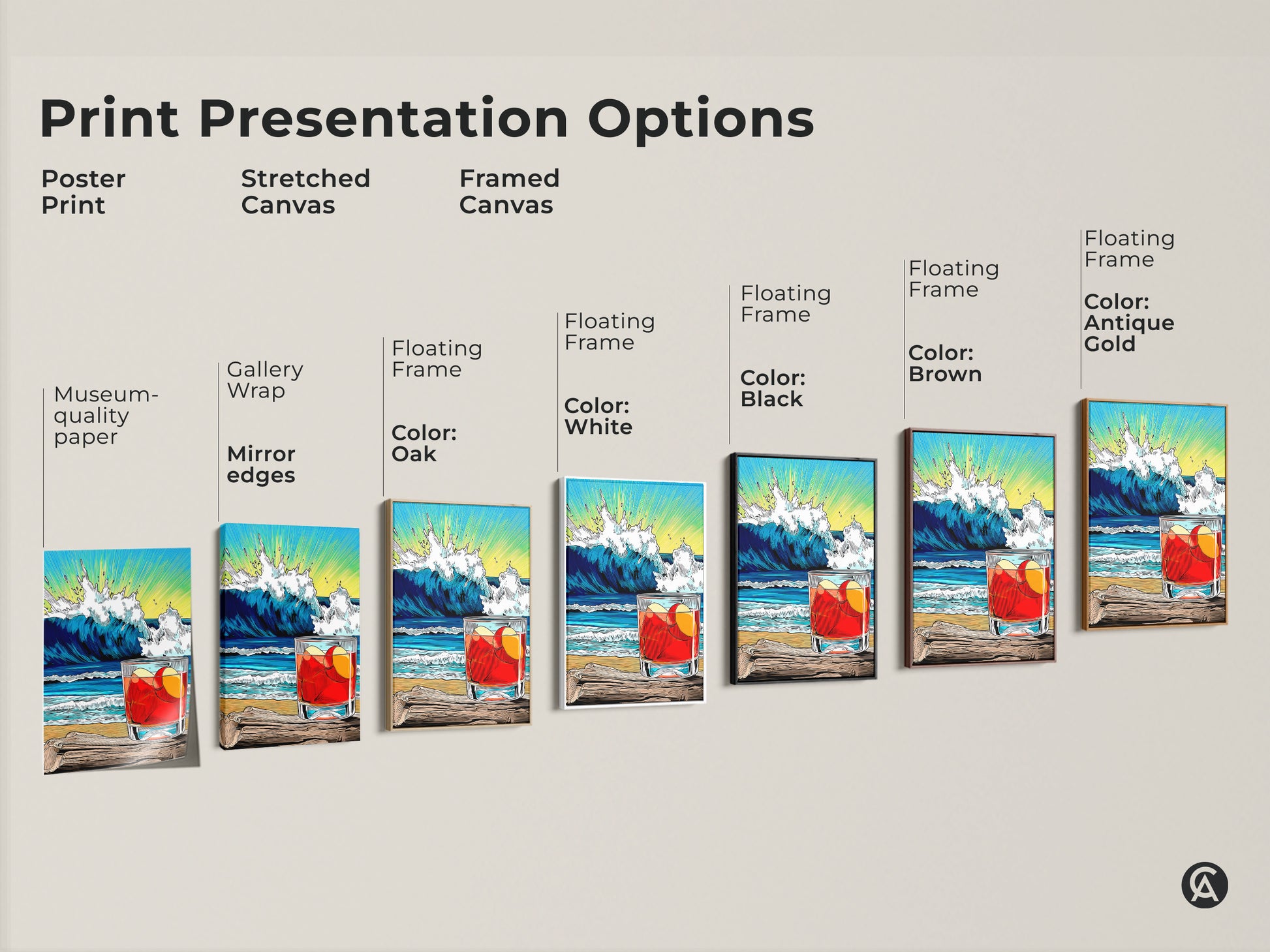Print Presentation Options with poster art. Options include stretched canvas and framed canvas. Gallery wrap mirror edges add a touch of elegance. Choose museum-quality paper.