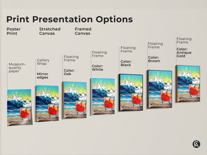 Print Presentation Options with poster art. Options include stretched canvas and framed canvas. Gallery wrap mirror edges add a touch of elegance. Choose museum-quality paper.