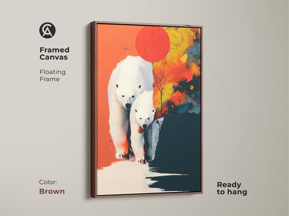 This framed canvas displays a polar bear family in an abstract style with a floating brown frame. Ready to hang this nature-inspired artwork enhances your home. Ideal for those who appreciate contemporary animal prints and unique wall art.