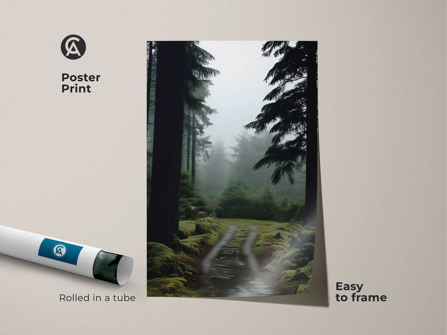 Poster print featuring a misty forest path with deep green pine trees. This rustic nature landscape decor arrives rolled in a tube. It is an easy-to-frame artwork. Ideal for adding a touch of woodland serenity to any room. A perfect gift for hikers.