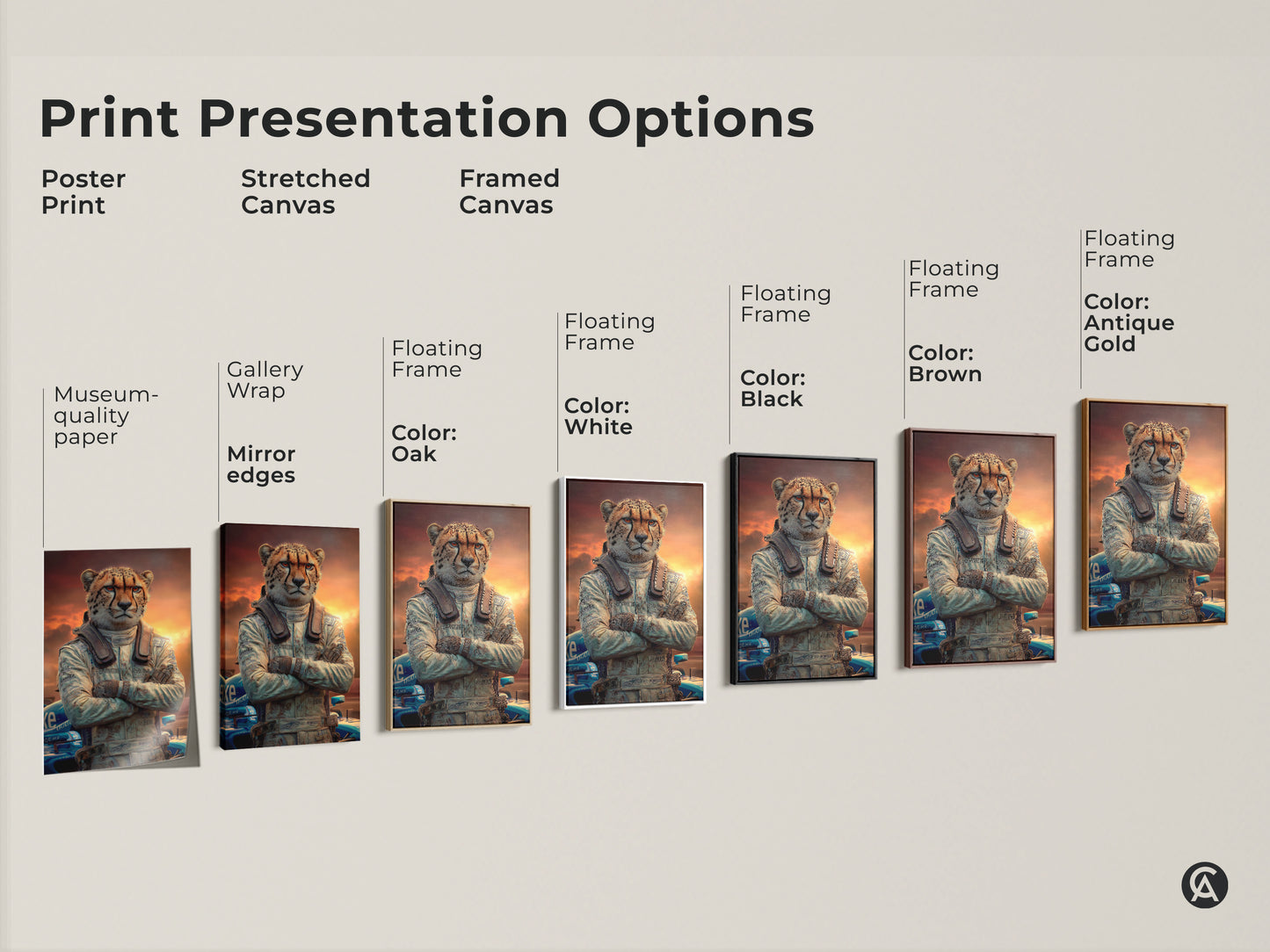 Explore print presentation options with this cheetah race car driver artwork. See poster prints stretched canvases and framed options. Each format showcases this unique office wall art. This is perfect for eclectic home art.