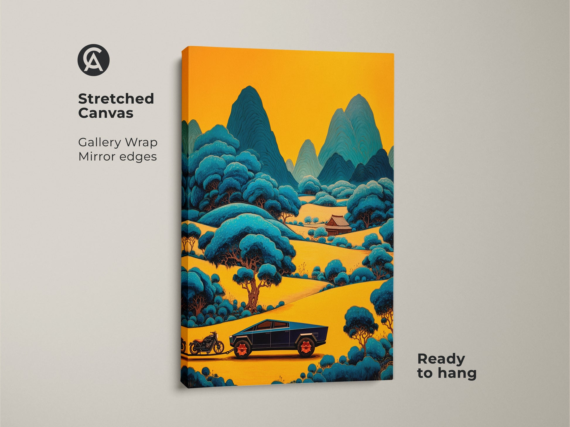 Stretched Canvas of a stylized mountain road. The yellow and blue landscape art is perfect for eclectic decor. It's a modern car enthusiast gift ready to hang. The gallery wrap provides mirror edges for a clean look.
