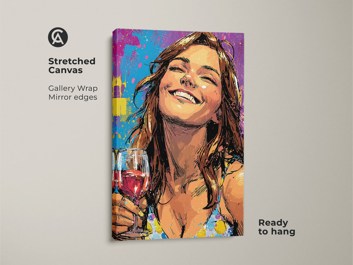 Stretched canvas art print featuring a woman with a wine glass. This pop art artwork has gallery wrapped edges and is ready to hang. The eclectic mix of teal yellow and purple adds a colorful touch. It's a vibrant wall art perfect for modern home decor. The artistic canvas makes a unique gift.