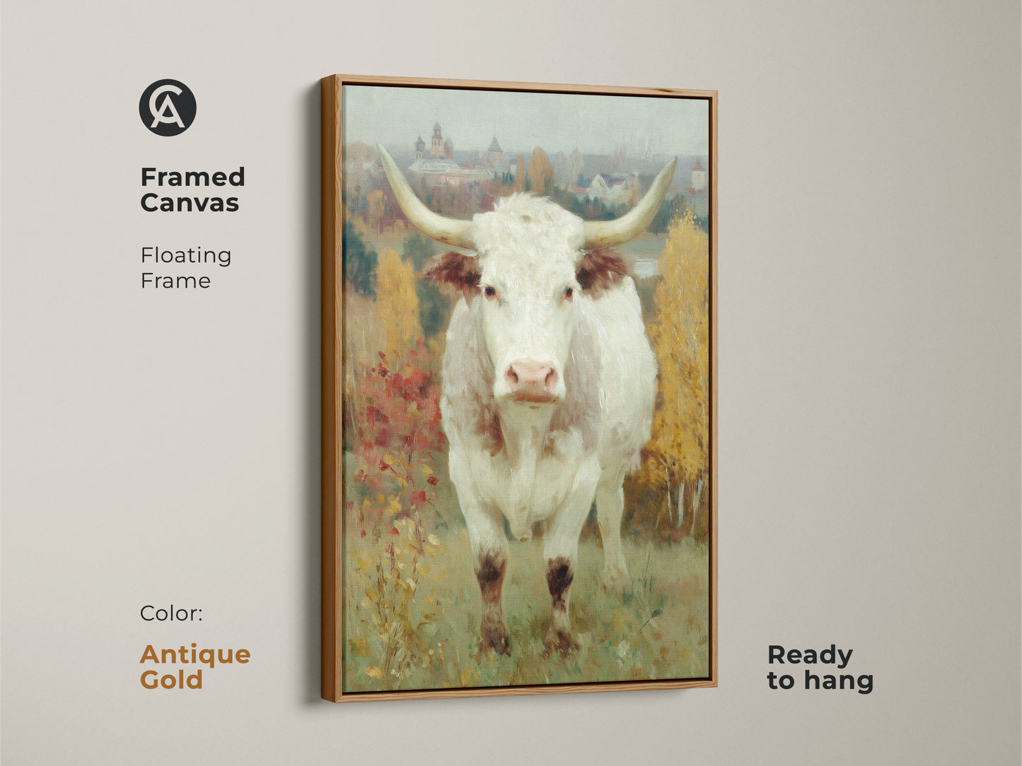 Bring a touch of vintage charm with this antique gold framed canvas art. The longhorn cow artwork is ready to hang. The floating frame adds sophistication to this piece creating a timeless addition to your decor.