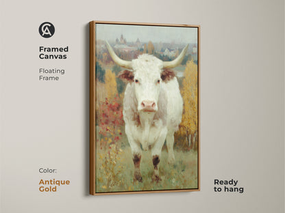 Bring a touch of vintage charm with this antique gold framed canvas art. The longhorn cow artwork is ready to hang. The floating frame adds sophistication to this piece creating a timeless addition to your decor.