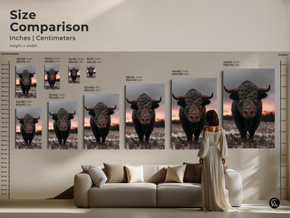 Size comparison of rustic bull art in inches and centimeters. Visualize the impact of canvas and poster prints in various sizes. Perfect wildlife animal art for your home. Enhance your living room or bedroom decor. Brown gray pink art to complement your style.