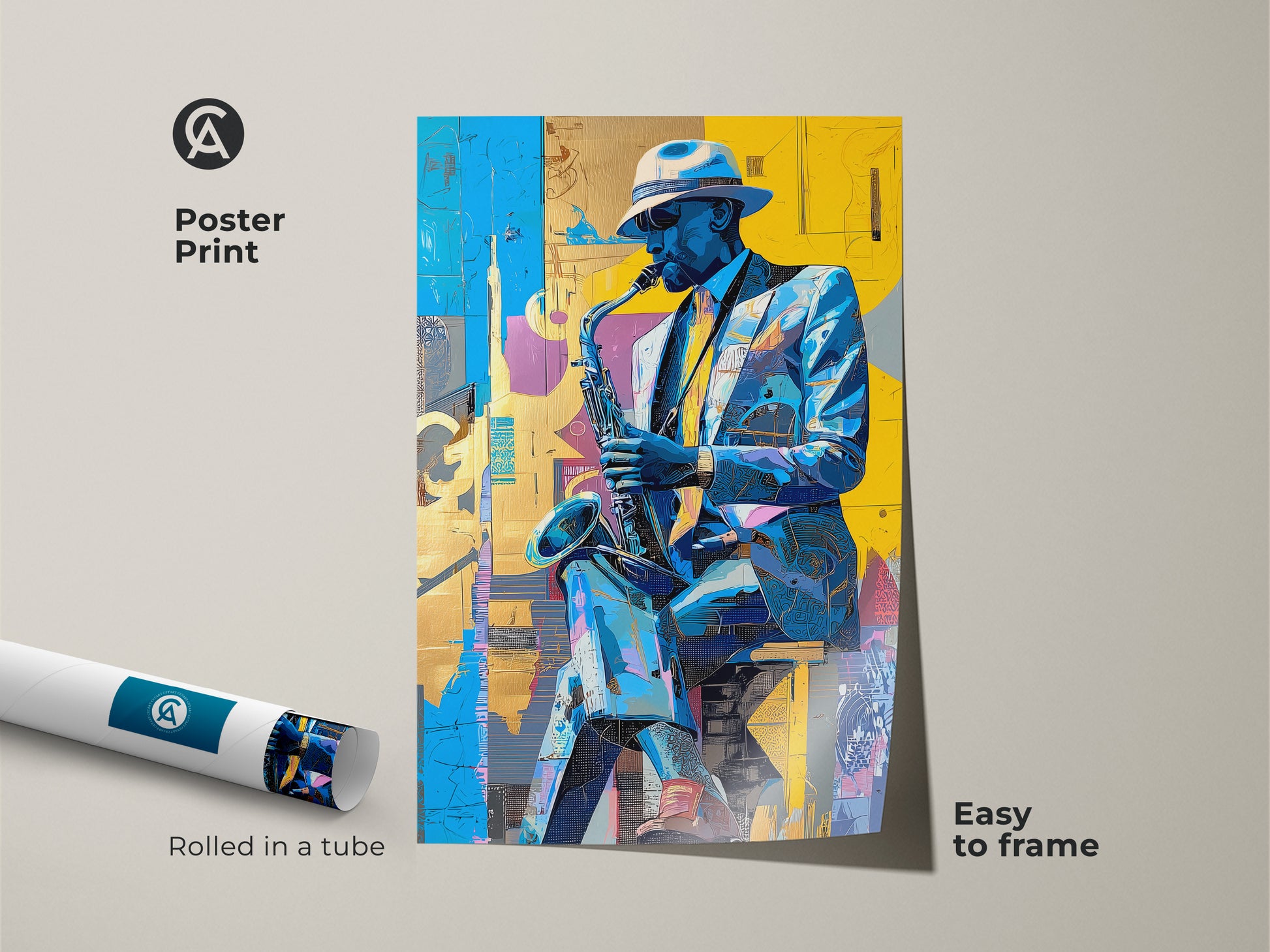 Poster print featuring a vibrant saxophone player. The jazz art is easy to frame. The poster is rolled in a tube for protection. This is a striking piece of wall decor. The colorful artwork is perfect for music enthusiasts.