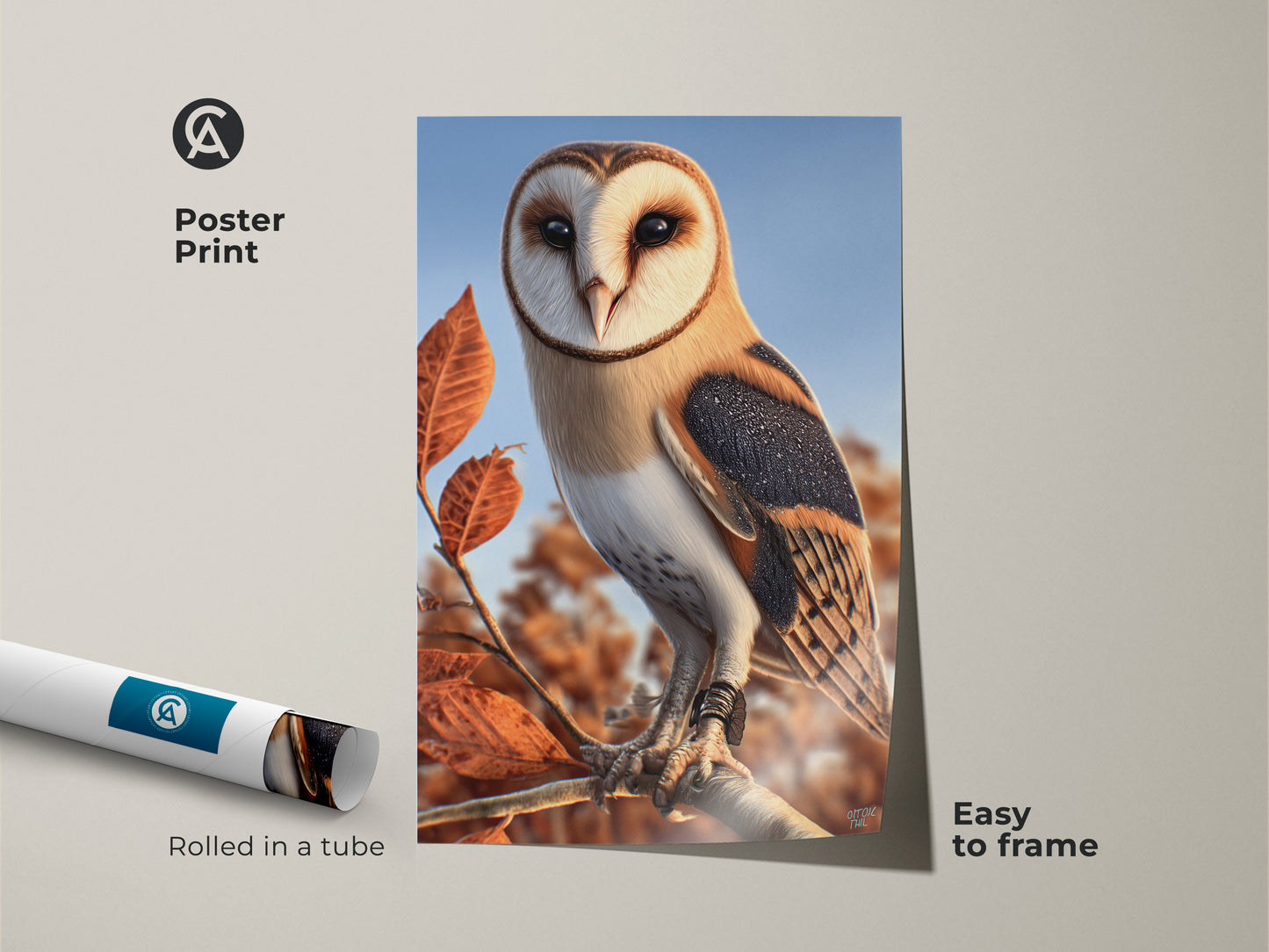 Barn owl poster print rolled in a tube. This realistic wildlife canvas art is easy to frame. The rustic autumn decor is a great nature wall decor option. This beige brown orange artwork makes a thoughtful bird lover present.