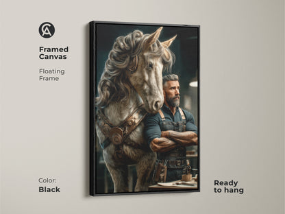 Framed canvas featuring a steampunk man with a horse. The floating frame is black. This fantasy artwork is ready to hang. Eclectic wall decor suits a study room or office. Perfect as an office decor gift or a present for horse lovers. The man's beard and leather harness add detail.