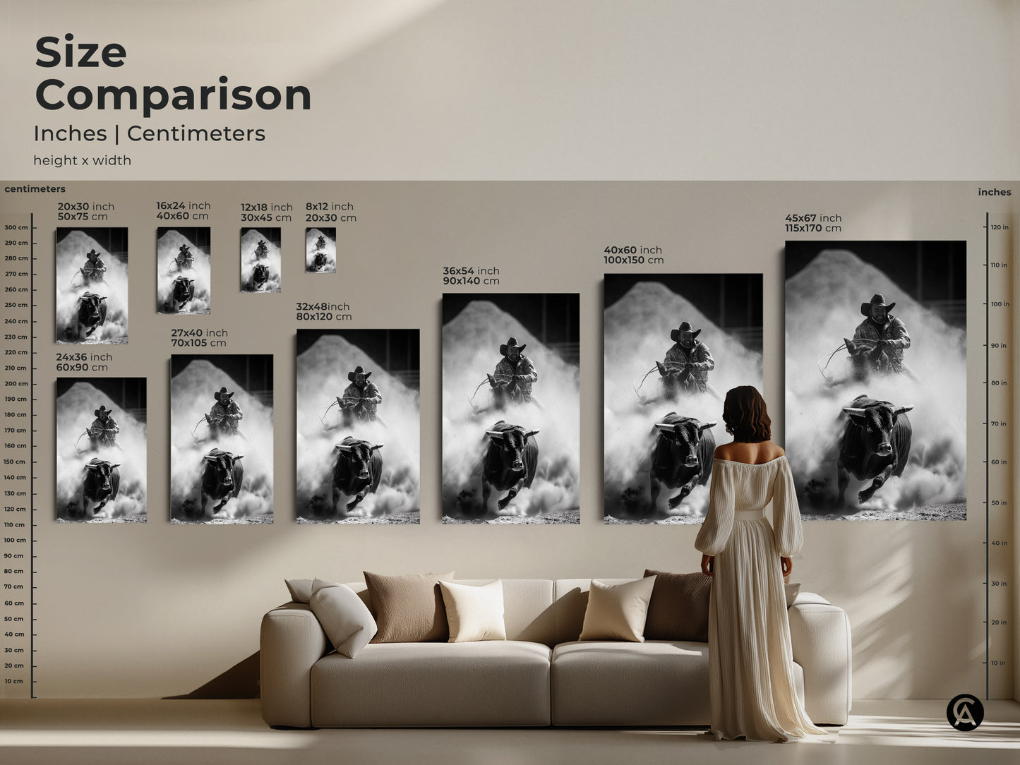 Size Comparison guide in inches and centimeters. See how the monochrome rodeo artwork fits above a sofa. Various sizes of canvas and poster prints are displayed. This Western wall art features a bull rider and charging bull. Perfect for adding rustic charm to your living room or office.