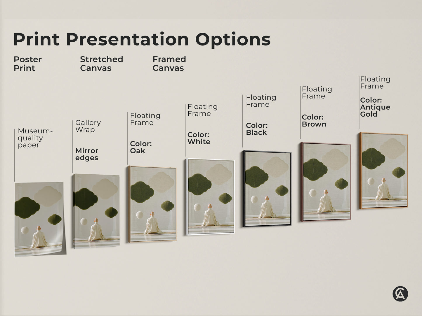 Print presentation options for zen monk meditation art. Choose from a poster print stretched canvas or framed canvas. Each artwork shows abstract olive green clouds and offers a spiritual home decor gift for mindful living and well being.