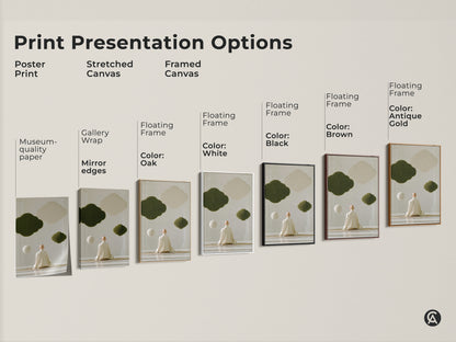 Print presentation options for zen monk meditation art. Choose from a poster print stretched canvas or framed canvas. Each artwork shows abstract olive green clouds and offers a spiritual home decor gift for mindful living and well being.