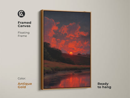 Framed canvas with an antique gold floating frame presents a beautiful sunset. The impressionistic landscape includes fiery orange clouds and a dark blue sky. This ready-to-hang nature artwork complements any room. The sunset's reflection creates a serene and captivating effect. A perfect piece of art for nature enthusiasts.