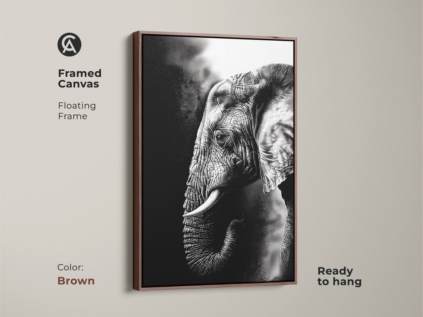 Brown framed canvas showcases monochrome elephant art. The floating frame complements this wildlife animal canvas. Ready to hang the black and white elephant print provides modern home decor. This animal lover gift wall art is timeless.