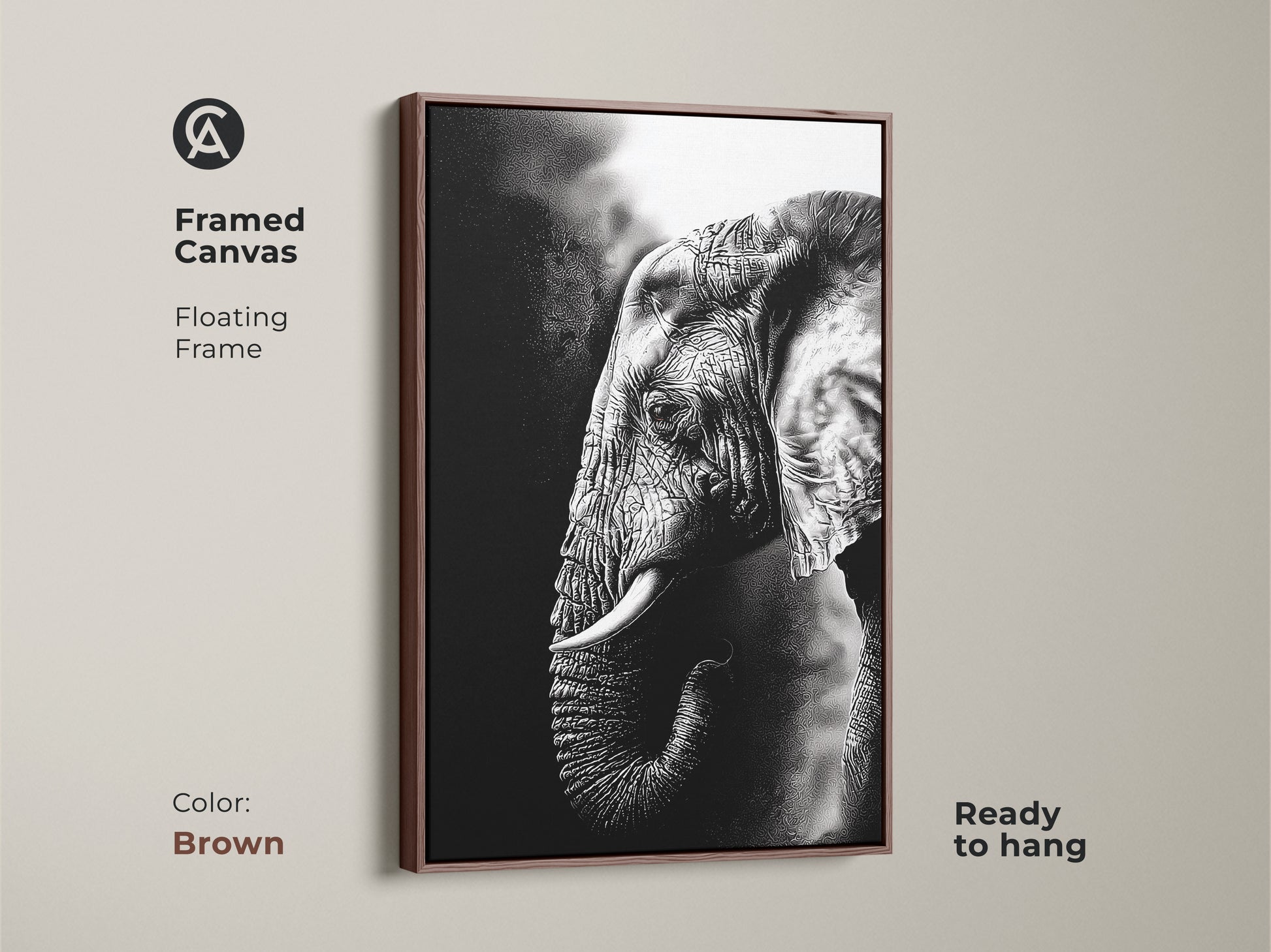 Brown framed canvas showcases monochrome elephant art. The floating frame complements this wildlife animal canvas. Ready to hang the black and white elephant print provides modern home decor. This animal lover gift wall art is timeless.