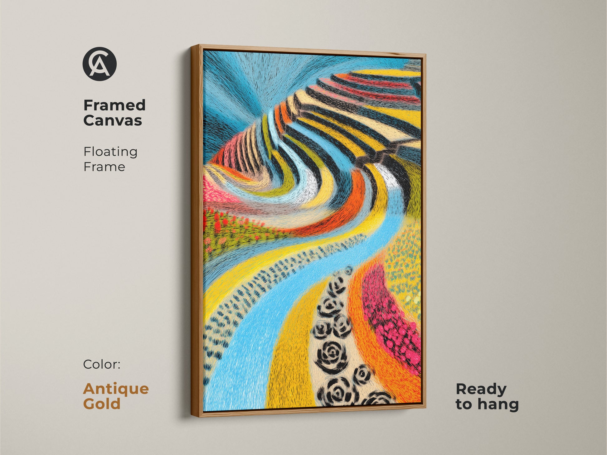 Framed canvas folk art landscape. The abstract blue river is showcased in a floating antique gold frame. Ready to hang this colorful artwork adds an eclectic touch. Perfect for a housewarming gift. This nature painting enhances any home. A vibrant unique wall art piece.
