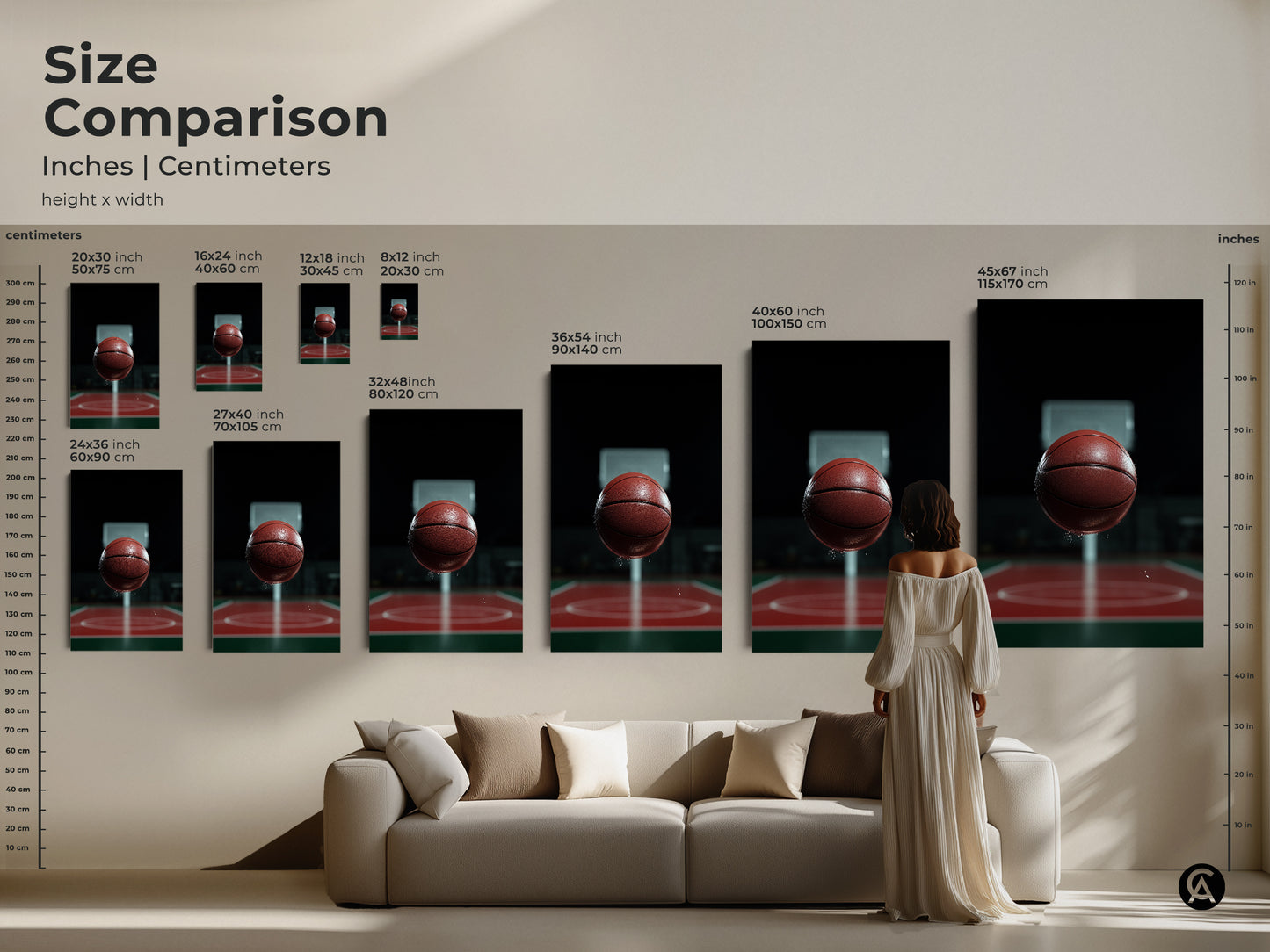 Size comparison of basketball artwork in inches and centimeters. See how the sports action canvas fits above a couch. Sizes range from 20x30 cm to 115x170 cm. Ideal for a modern living room or man cave. Perfect gift for sports enthusiasts.