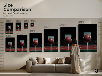 Size comparison of basketball artwork in inches and centimeters. See how the sports action canvas fits above a couch. Sizes range from 20x30 cm to 115x170 cm. Ideal for a modern living room or man cave. Perfect gift for sports enthusiasts.